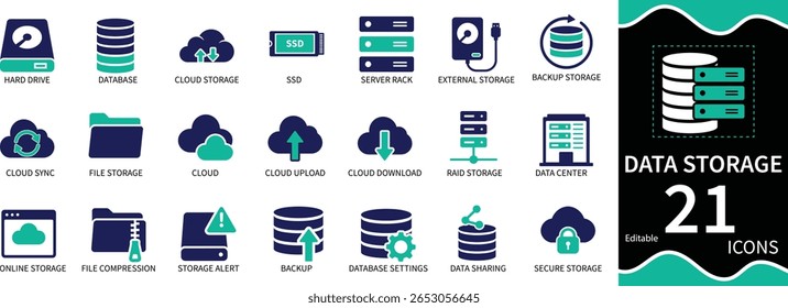 Ícones vetoriais planos de armazenamento em nuvem, servidores, discos rígidos e backups de dados. Ideal para apresentações técnicas, serviços de TI e infraestrutura digital.