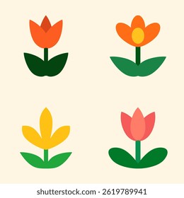 Flat Vector Icons of Colorful Abstract Flowers with Green Leaves on Beige Background