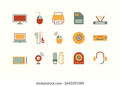Ícones vetoriais planos de computadores e dispositivos de tecnologia, incluindo monitor, laptop, mouse, USB, roteador e headset em estilo minimalista moderno para IU, aplicativos ou infográficos.