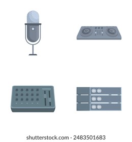 Flat vector icons depicting recording studio gear, including a microphone, mixer, synth, and server racks