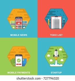 Flat Vector Icons of Different Business Concepts. Todo list, Mobile Payments, Startup and Mobile News
