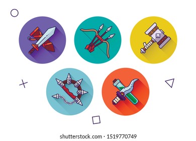 Flat vector icons of different kinds of fantasy weapons. Includes sword, bow and arrows, hammer, knuckles and poisoned dagger.
