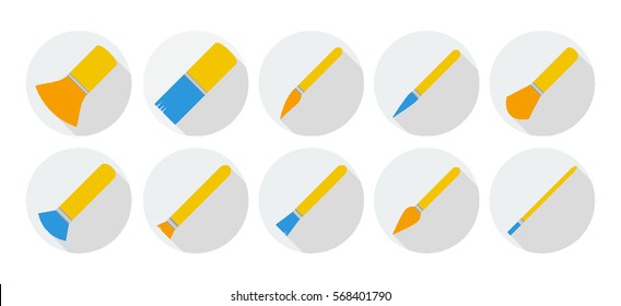 Flat vector icons of different types of brushes. Big set of colorful paintbrushes with long shadows. Isolated on white background. Collection of vector brushes for makeup.