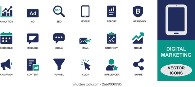 Ícones vetoriais planos para marketing digital. Incluindo SEO, campanha, funil, análise, conteúdo, público, marca e estratégia. Ideal para uso na Web, em aplicativos e em mídia.