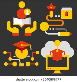 Flat vector icons of education innovation: education journey, inclusive education, digital learning, and future education icon