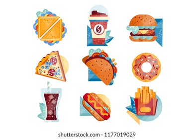 Flat vector icons with fast food and drinks. Sandwich, coffee, hamburger, pizza, tacos, donut, soda, hot dog and french fries. Unhealthy nutrition