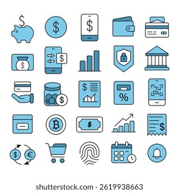 Flat Vector Icons of Finance and Mobile Banking Essentials. representing essential finance and mobile banking concepts. Includes wallet, credit card, mobile payment, savings, cryptocurrency, money.