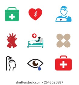 Ícones vetoriais planos do kit de primeiros socorros, ataque cardíaco, lesão, RCP, leito hospitalar, bandagem, chuveiro de emergência e lavagem ocular. Perfeito para projetos de saúde, emergência e segurança no trabalho.