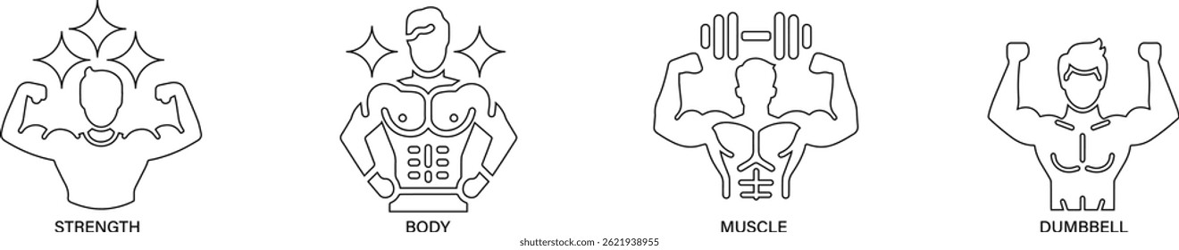 Flat vector icons for fitness, exercise, gym, and healthy lifestyle themes.

