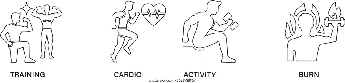 Flat vector icons for fitness, exercise, gym, and healthy lifestyle themes.

