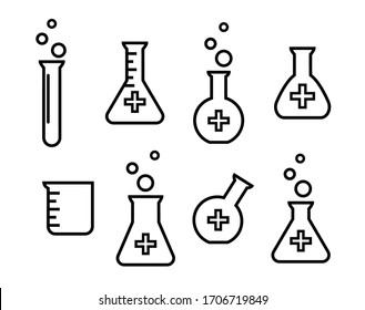 Flat vector icons of flasks with chemical liquids for experiments or with medicines for viruses. Vector illustration. A set of chemical test tube icons for scientific applications and websites.