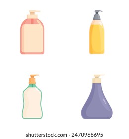 Flat vector icons of four different liquid soap dispensers, isolated on a white background