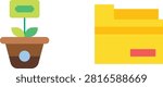 Flat vector icons of a growing plant in a pot and a yellow office file folder for business