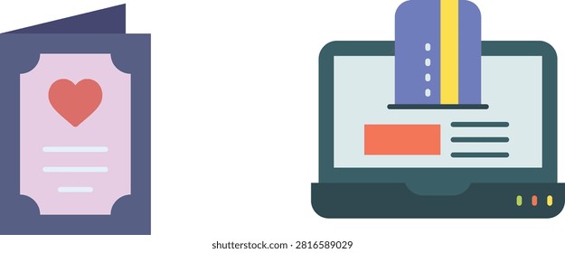 Flat vector icons of a heart greeting card and a laptop computer for online shopping
