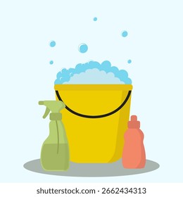 Ícones vetoriais planos de produtos de limpeza doméstica, balde, spray de limpeza, limpeza