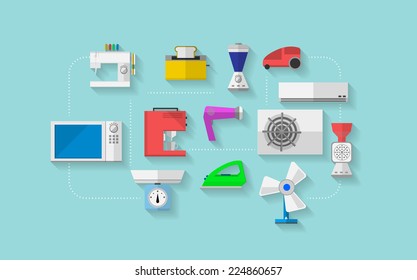 Flat vector icons for household appliances  Set colored flat vector icons and household appliances blue background 