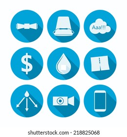 Flat vector icons for Ice Bucket Challenge. Set of blue circle flat vector icons with silhouette symbols of popular project on white background.