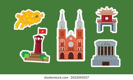 Ícones vetoriais planos dos marcos icônicos do Vietnã: Ponte do Dragão, Catedral de Notre-Dame, Torre da Bandeira Lung Cu, Mausoléu de Ho Chi Minh e Templo da Literatura. Ideal para viagens, educação e mapas.
