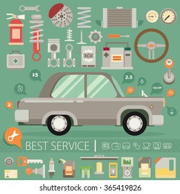Flat vector icons and illustrations repair of machines and equipment. Old car repair.