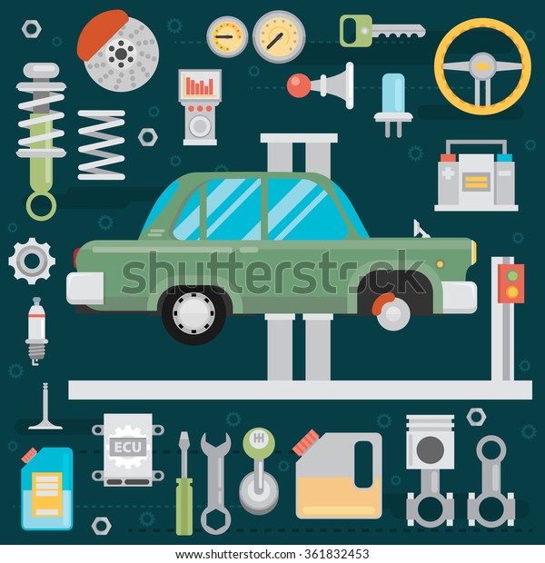 Flat vector icons and illustrations\
repair of machines and equipment. Old car\
repair.