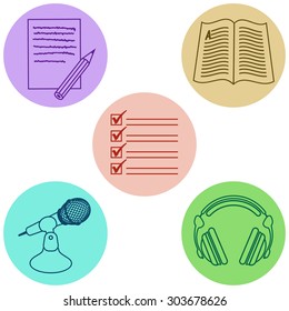 Flat Vector Icons Of Language Activities Writing Reading Speaking Listening And Checking