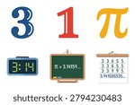 Flat vector icons for mathematics and constants, illustrating Pi number, digital clock time, blackboard formulas, and complex calculations.