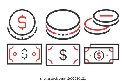 Flat vector icons of money, including coins and banknotes, in black and red outline style. Simple, modern design for finance, business, and currency concepts.