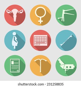 Flat vector icons for Obstetrics and Gynecology. Set of colored circle flat vector icons with white silhouette symbols for Obstetrics and Gynecology on gray background.