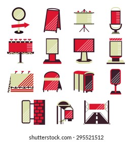 Flat vector icons for outdoor advertising promotion. Billboards, signs signs, advertising on bus stops and other sites for business and logos.
