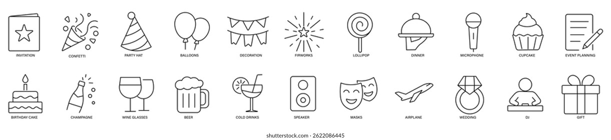 Flat vector icons for party, celebration, and event planning themes