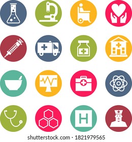 Flat  vector icons placed on colorful circles set of medical tools and healthcare equipment.There are icons exam Stethoscope , Heart Shape, Wheelchair, RX ,Laboratory, Test Tube ,Ambulance Car