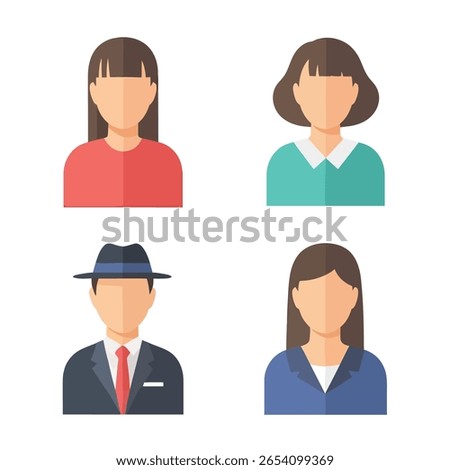 Flat vector icons of professional people in formal attire, including businesswomen and a man in a suit with a hat. Ideal for profiles, infographics, or UI design.