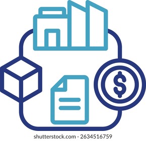 Flat vector icons of project financing or cash flow and circular or cyclical design documents emphasize that this is an ongoing process, involving several stages or aspects.