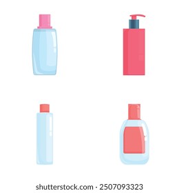 Flat vector icons representing a collection of four cosmetic bottle types in pastel hues