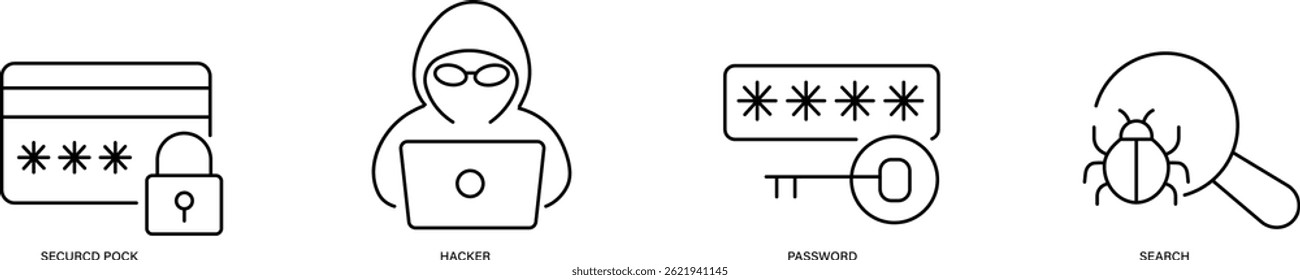 Ícones vetoriais planos que representam segurança cibernética, proteção, segurança de dados e segurança on-line.