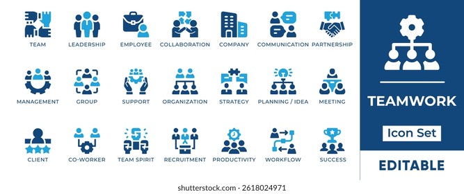 Flat vector icons representing teamwork, leadership, collaboration, and business success. Ideal for corporate projects, office communication, and team-building content.