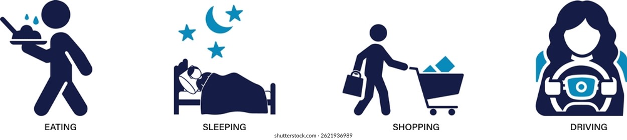 Flat vector icons representing various human actions, movements, and daily activities.