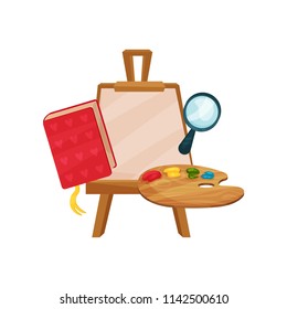 Flat vector icons of school supplies. Wooden easel with canvas, paint palette, magnifying glass and book. Items for art class