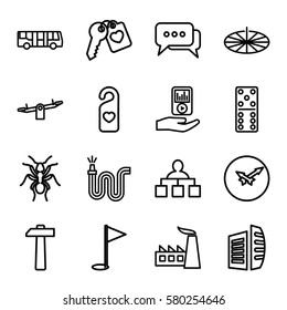 flat vector icons. Set of 16 flat outline icons such as airport bus, ant, swing, domino, structure, business center, factory, water hose, heart key, heart tag