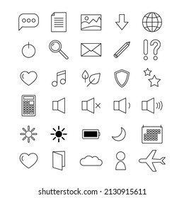 Flat vector icons set. Collection isolated vector. Flat vector illustration. White background. Heart, moon, stars, plane, question mark, calculator