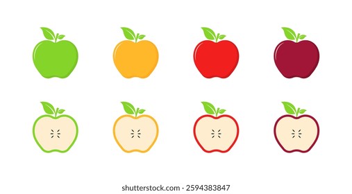 Flat vector icons set of colorful apples in various styles.