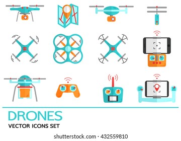 Flat vector icons set with drones. Collection of elements with quadrocopter, hexacopter, multicopter made in flat style. Aerial