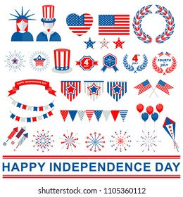 Flat vector icons set for Independence day of USA, july fourth celebration party. Objects isolated on a white background.