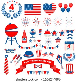 Flat vector icons set for Independence day of USA, july fourth celebration party. Objects isolated on a white background.