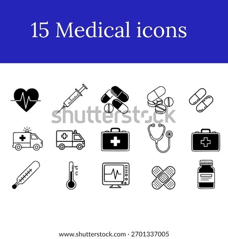 Flat vector icons set of medical and healthcare symbols including ambulance, heart rate, stethoscope, syringe, pills, thermometer, first aid kit, bandage, and medicine bottle.