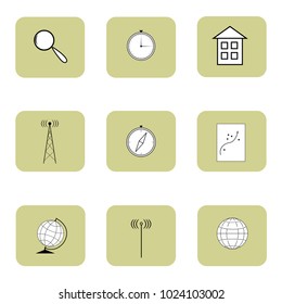 Flat vector icons set. Mobile colektion sign information, globe, horn, flag, kompass, horn, ets. Design logo illustration for business. Vector illustration