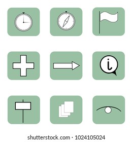 Flat vector icons set. Mobile sign paper, book, kompass, arrow, pointer, flag, clock, ets. Design logo illustration for business. Vector illustration