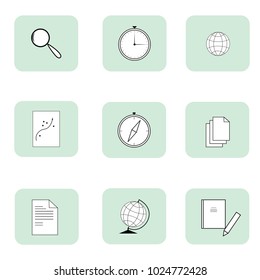 Flat vector icons set. Mobile sign information, kompass, arrow, pointer, flag, globe, clock, map, house, ets. Design logo illustration for business. Vector illustration