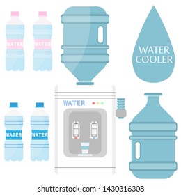 Flat vector icons set for water. Water cooler with plastic bottle. Water dispenser . Vector illustration on white background