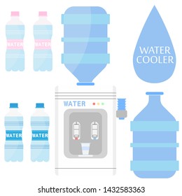 Flat vector icons set for water. Water cooler with plastic bottle. Water dispenser . Vector illustration on white background